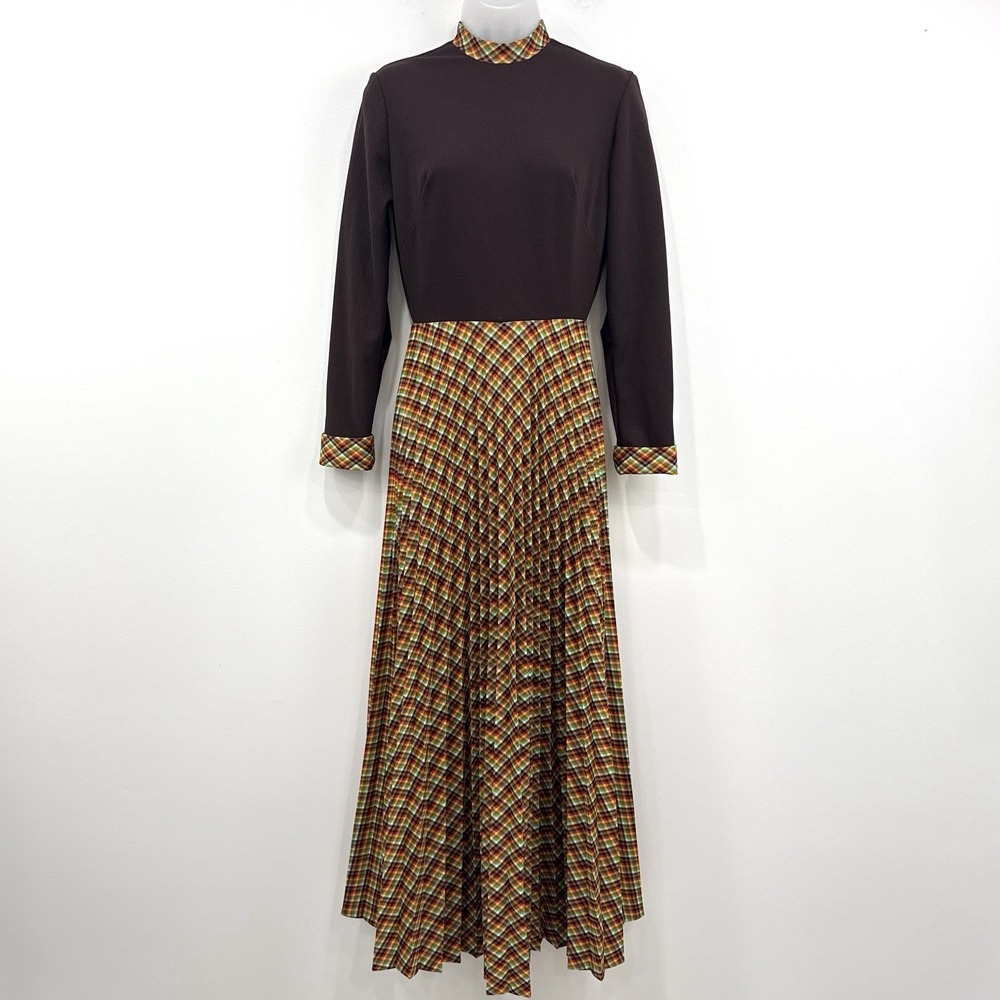 VTG 70s Jennifer‎ Gee Secretary Dress 10 Plaid Hippie Pleated Maxi Union Made